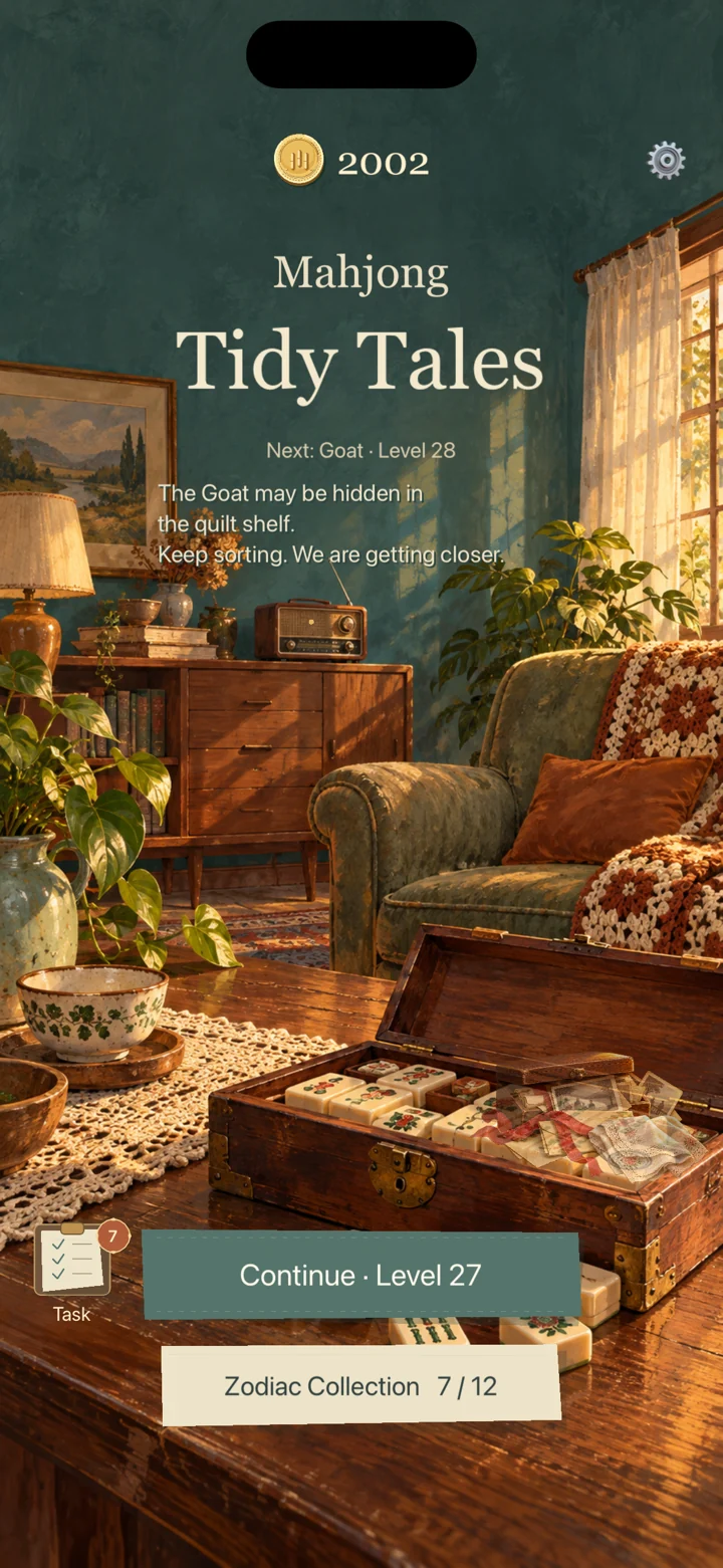 Mahjong Tidy Tales home screen: a sunlit vintage living room with plants, an armchair, and a wooden mahjong box
